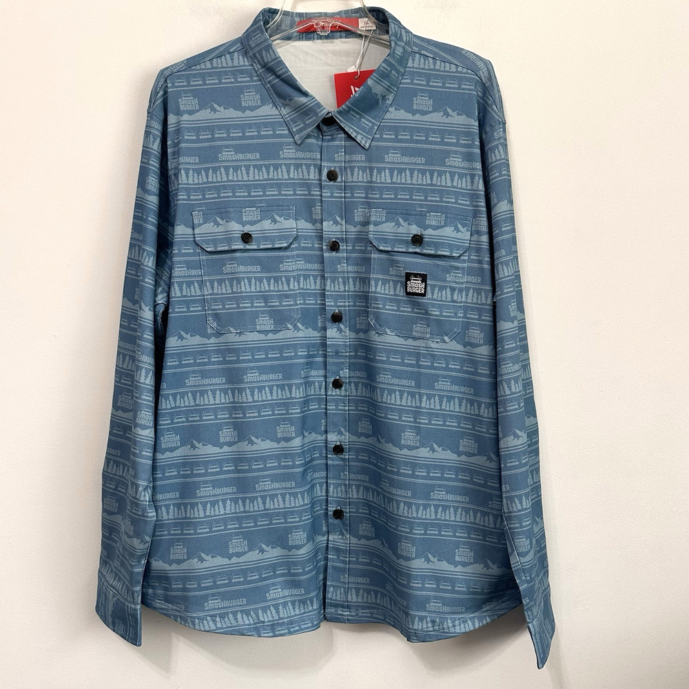 Shinesty Smashburger Mens Shirt XL Blue‎ Button Front Novelty RARE Pockets NEW